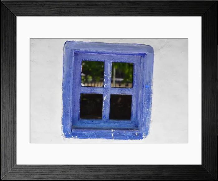 Framed Print : Closed vintage blue window on white wall of old house in romania