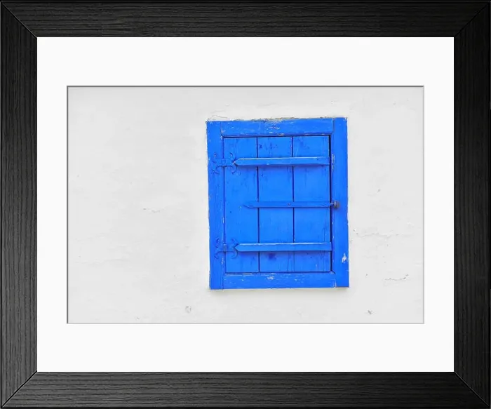 Framed Print : Closed vintage blue window on white wall of old house in romania Framed Print : Closed vintage blue window on white wall of old house in romania