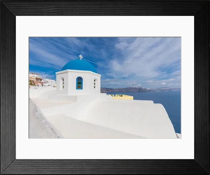 Framed Print : Blue dome in Santorini, Fira. Summer vacation landscape, peaceful sea view and volcanic cliff. Caldera view, cloudy sky Framed Print : Blue dome in Santorini, Fira. Summer vacation landscape, peaceful sea view and volcanic cliff. Caldera view, cloudy sky