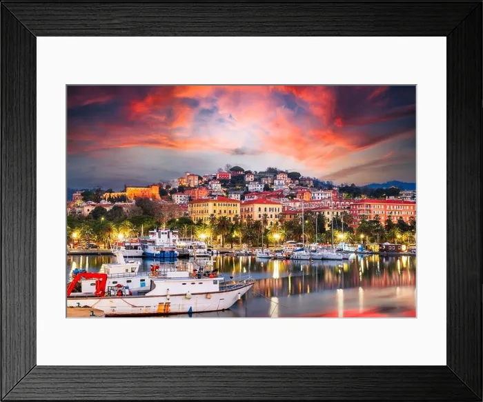 Framed Print : La Spezia, Italy town skyline from the port dusk Framed Print : La Spezia, Italy town skyline from the port dusk