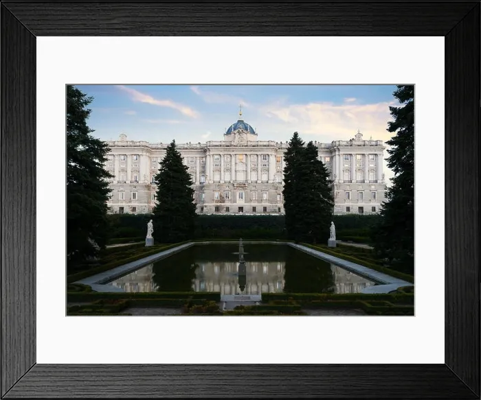 Framed Print : Madrid landmark at night. Landscape of Royal Palace and Sabatini gardensat dusk. Historical building at Madrid, Spain Framed Print : Madrid landmark at night. Landscape of Royal Palace and Sabatini gardensat dusk. Historical building at Madrid, Spain