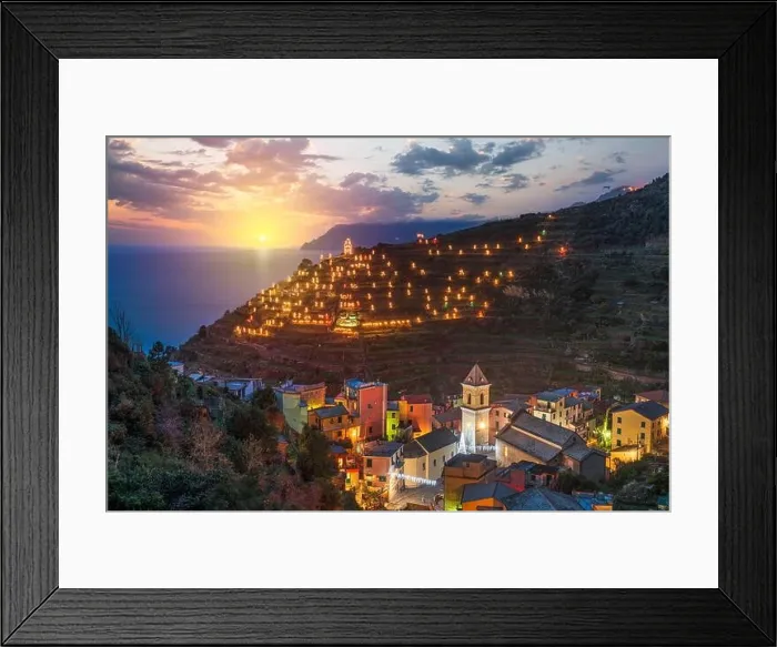 Framed Print : Manarola, Italy in the Cinque Terre Region during Christmas season with illumination at dusk Framed Print : Manarola, Italy in the Cinque Terre Region during Christmas season with illumination at dusk