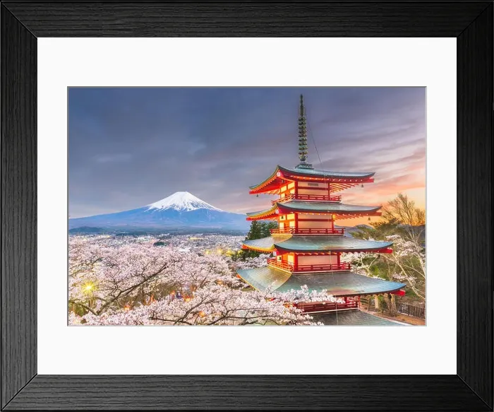 Framed Print : Fujiyoshida, Japan view of Mt. Fuji and pagoda in spring season with cherry blossoms at dusk Framed Print : Fujiyoshida, Japan view of Mt. Fuji and pagoda in spring season with cherry blossoms at dusk