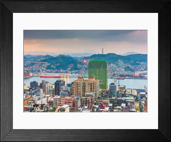 Framed Print : Keelung, Taiwan cityscape over the bay at dusk