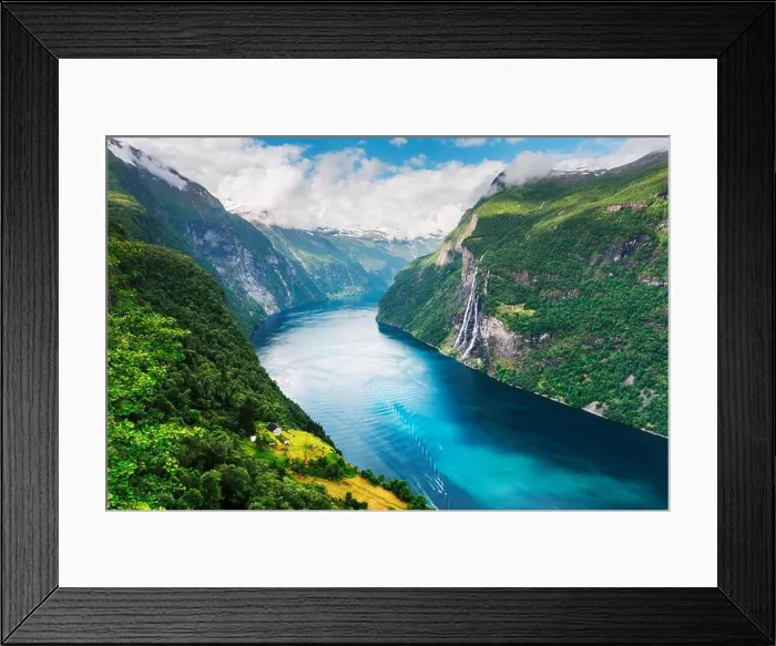 Framed Print : Breathtaking view of Sunnylvsfjorden fjord and famous Seven Sisters waterfalls, near Geiranger village in western Norway Framed Print : Breathtaking view of Sunnylvsfjorden fjord and famous Seven Sisters waterfalls, near Geiranger village in western Norway