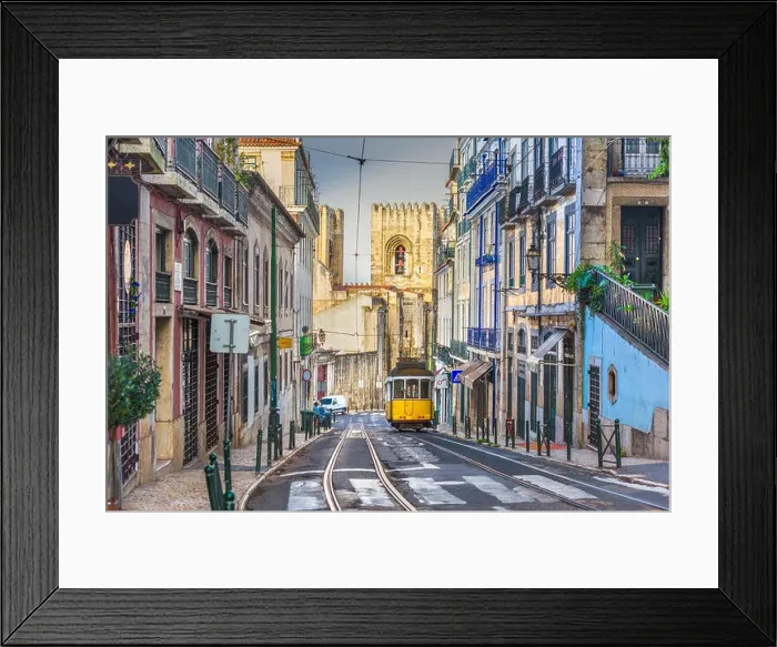 Framed Print : Lisbon, Porgugal cityscape and tram near Lisbon Cathedral Framed Print : Lisbon, Porgugal cityscape and tram near Lisbon Cathedral