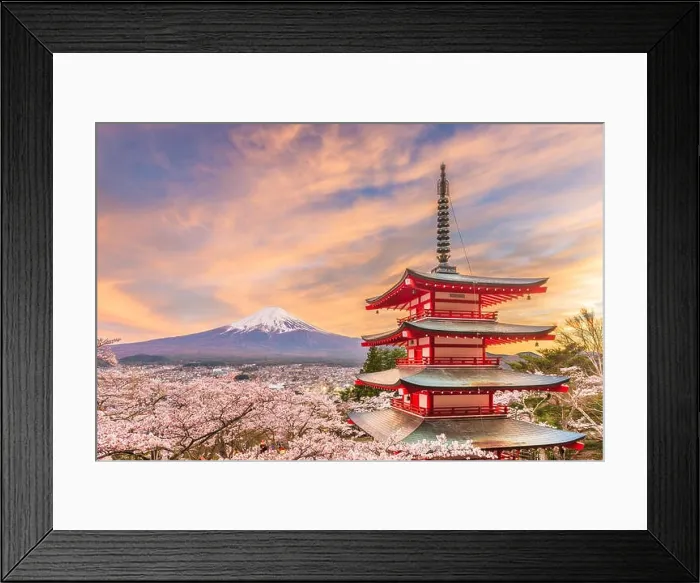 Framed Print : Fujiyoshida, Japan view of Mt. Fuji and pagoda in spring season with cherry blossoms at dusk Framed Print : Fujiyoshida, Japan view of Mt. Fuji and pagoda in spring season with cherry blossoms at dusk