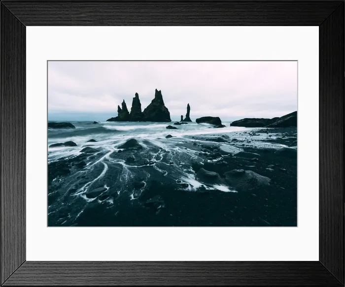 Framed Print : Basalt rock formations Troll toes on black beach. Reynisdrangar, Vik, Iceland Framed Print : Basalt rock formations Troll toes on black beach. Reynisdrangar, Vik, Iceland
