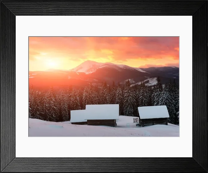 Framed Print : Fantastic landscape with snowy mountains, trees and house. Carpathians, Ukraine, Europe Framed Print : Fantastic landscape with snowy mountains, trees and house. Carpathians, Ukraine, Europe