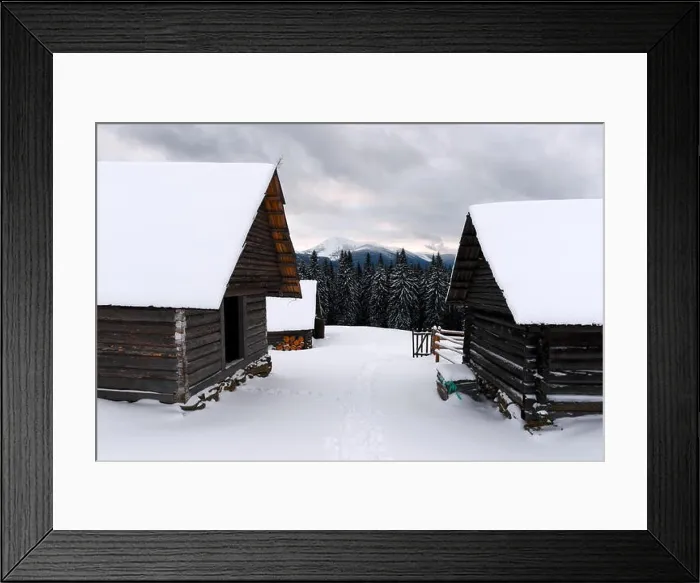 Framed Print : Fantastic landscape with snowy mountains, trees and house. Carpathians, Ukraine, Europe Framed Print : Fantastic landscape with snowy mountains, trees and house. Carpathians, Ukraine, Europe