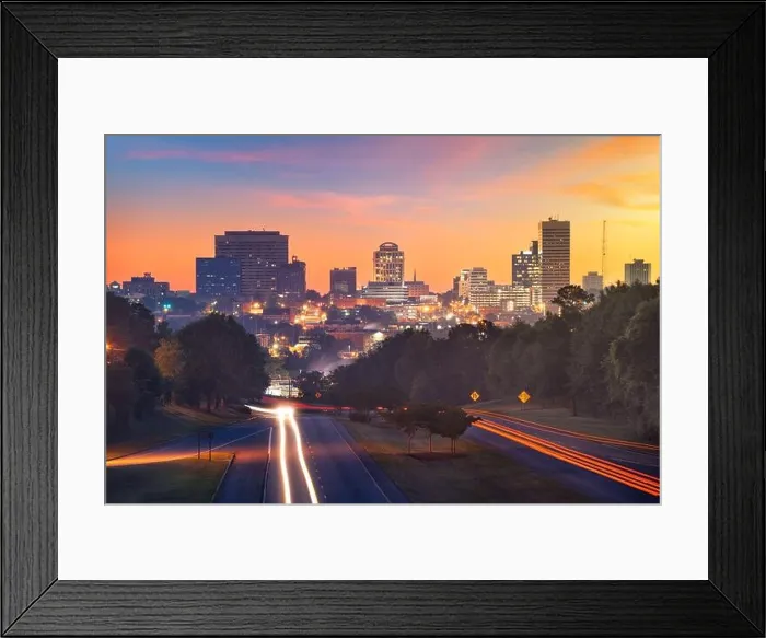 Framed Print : Columbia, South Carolina, USA downtown city skyline from above roadways at dawn