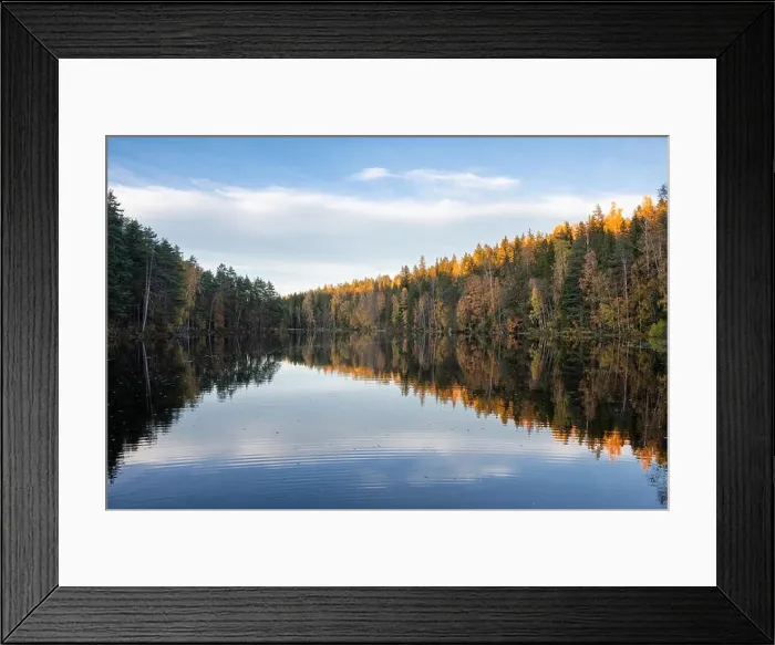 Framed Print : Amazing autumn landscape with lake, golden colored forest and blue sky, outdoor travel background in Finland Framed Print : Amazing autumn landscape with lake, golden colored forest and blue sky, outdoor travel background in Finland