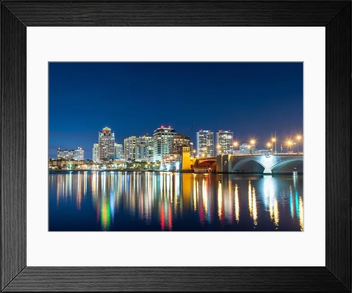 Framed Print : West Palm Beach, Florida, USA downtown skyline on the Intracoastal Waterway at dusk