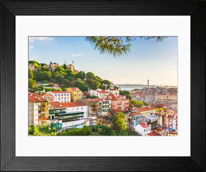 Framed Print : Lisbon, Portugal City Skyline with Sao Jorge Castle and the Tagus River Framed Print : Lisbon, Portugal City Skyline with Sao Jorge Castle and the Tagus River