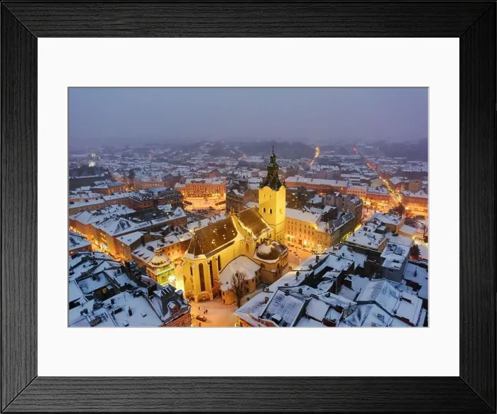 Framed Print : Gorgeus cityscape of winter Lviv city from top of town hall, Ukraine. Landscape photography Framed Print : Gorgeus cityscape of winter Lviv city from top of town hall, Ukraine. Landscape photography