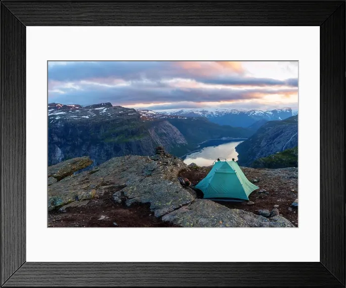 Framed Print : Alone tent near Trolltunga rock - most spectacular and famous scenic cliff in Norway