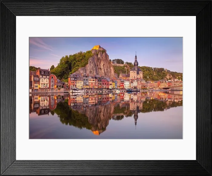 Framed Print : Dinant, Belgium. Cityscape image of beautiful historical city of Dinant with the reflection of the city in the Meuse River at summer sunset Framed Print : Dinant, Belgium. Cityscape image of beautiful historical city of Dinant with the reflection of the city in the Meuse River at summer sunset
