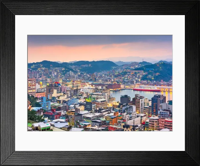 Framed Print : Keelung, Taiwan cityscape and temples at dusk Framed Print : Keelung, Taiwan cityscape and temples at dusk
