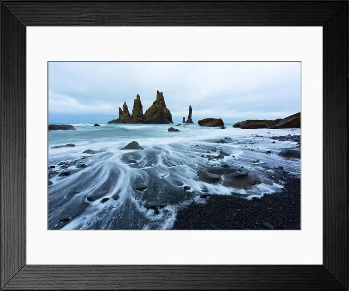 Framed Print : Basalt rock formations Troll toes on black beach. Reynisdrangar, Vik, Iceland Framed Print : Basalt rock formations Troll toes on black beach. Reynisdrangar, Vik, Iceland