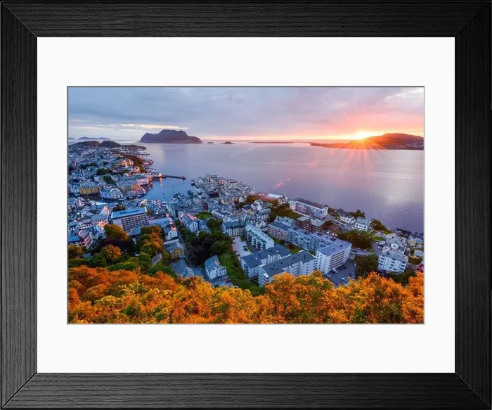 Framed Print : Colorful sunset in Alesund port town on western coast of Norway. Place where the ocean meet the mountains. Landscape photography Framed Print : Colorful sunset in Alesund port town on western coast of Norway. Place where the ocean meet the mountains. Landscape photography