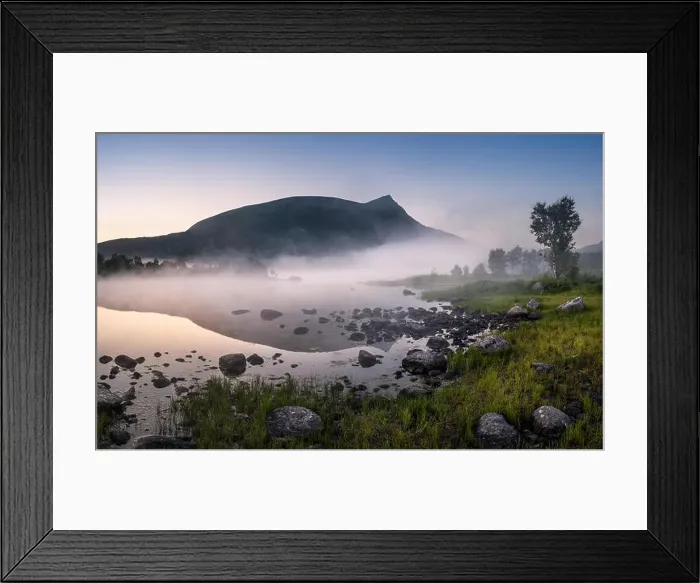Framed Print : Scenic view with lake and fog at summer night in Lofoten, Norway Framed Print : Scenic view with lake and fog at summer night in Lofoten, Norway