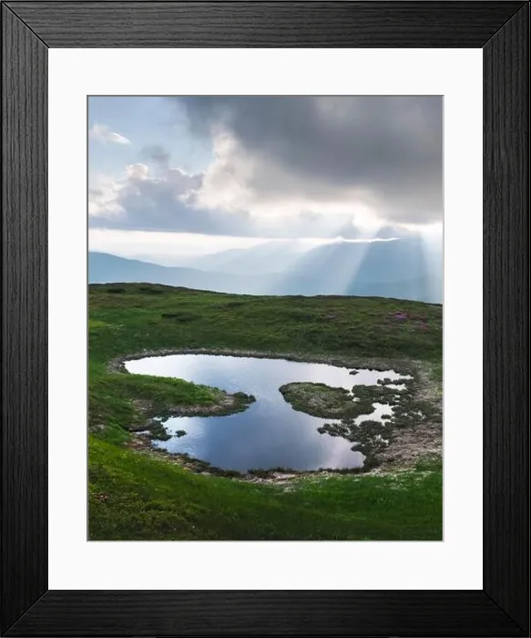 Framed Print : Mountain lake on sunrise time. Picturesque summer landscape with green mountain hills and sun rays in morning sky. Carpathian mountains Framed Print : Mountain lake on sunrise time. Picturesque summer landscape with green mountain hills and sun rays in morning sky. Carpathian mountains