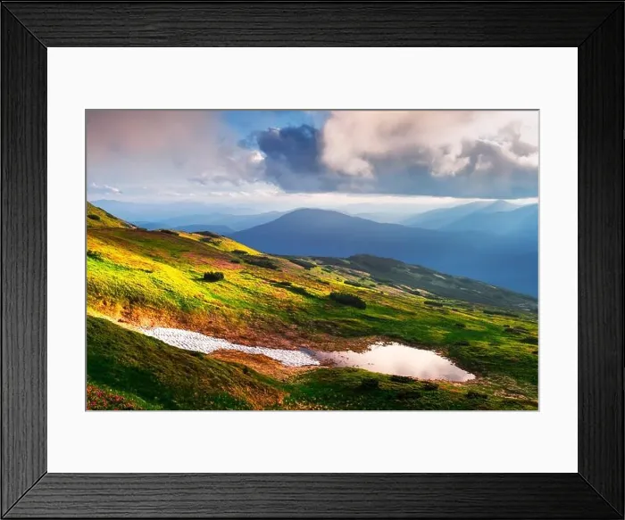 Framed Print : Mountain lake on sunrise time. Picturesque summer landscape with green mountain hills and sun rays in morning sky. Carpathian mountains Framed Print : Mountain lake on sunrise time. Picturesque summer landscape with green mountain hills and sun rays in morning sky. Carpathian mountains