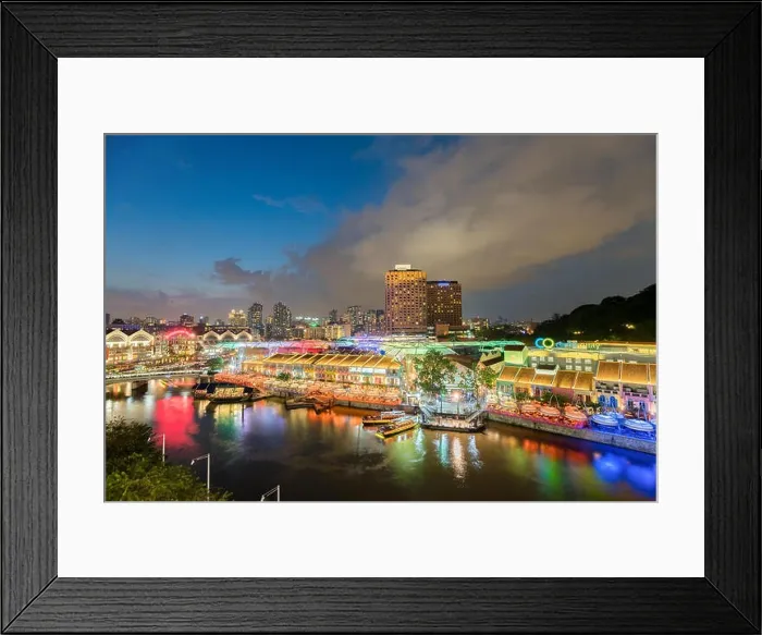 Framed Print : Colorful light building at night in Clarke Quay, Singapore. Clarke Quay, is a historical riverside quay in Singapore Framed Print : Colorful light building at night in Clarke Quay, Singapore. Clarke Quay, is a historical riverside quay in Singapore