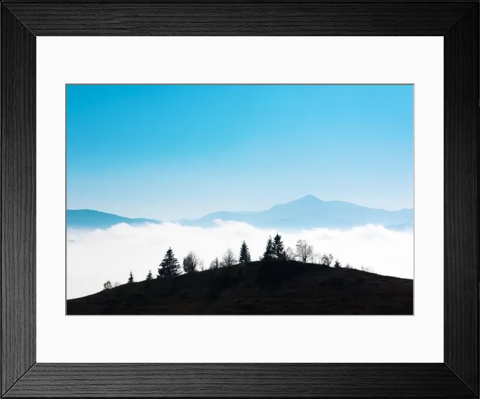 Framed Print : Picturesque summer landscape in foggy day in Carpathian mountains. Trees silhouette on mountain range background Framed Print : Picturesque summer landscape in foggy day in Carpathian mountains. Trees silhouette on mountain range background