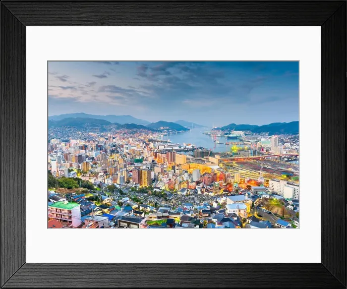 Framed Print : Nagasaki, Japan downtown skyline over the bay from above at dusk Framed Print : Nagasaki, Japan downtown skyline over the bay from above at dusk