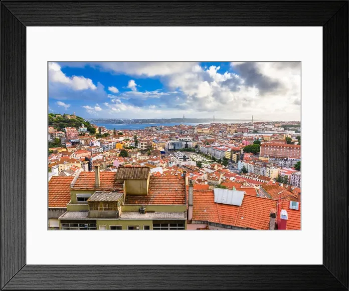 Framed Print : Lisbon, Portugal City Skyline with Sao Jorge Castle and the Tagus River Framed Print : Lisbon, Portugal City Skyline with Sao Jorge Castle and the Tagus River