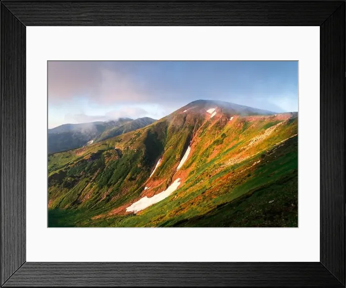 Framed Print : Panorama of Chornohirsky range in Ukrainian Carpathians on sunrise time. Hightest mountains in Ukraine in spring season. Landscape photography Framed Print : Panorama of Chornohirsky range in Ukrainian Carpathians on sunrise time. Hightest mountains in Ukraine in spring season. Landscape photography