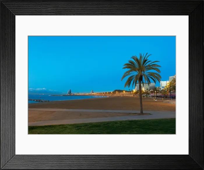 Framed Print : Night view of Barceloneta Beach in Barcelona with colorful sky at night. Seafront, beach, coast in Spain. Suburb of Barcelona, Catalonia Framed Print : Night view of Barceloneta Beach in Barcelona with colorful sky at night. Seafront, beach, coast in Spain. Suburb of Barcelona, Catalonia