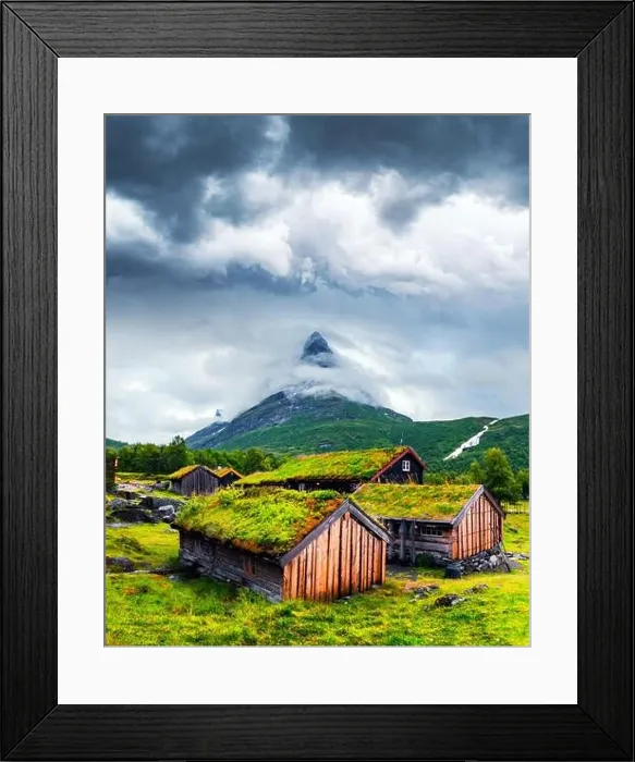 Framed Print : Typical norwegian old wooden houses with grass roofs in Innerdalen - Norway's most beautiful mountain valley, near Innerdalsvatna lake Framed Print : Typical norwegian old wooden houses with grass roofs in Innerdalen - Norway's most beautiful mountain valley, near Innerdalsvatna lake