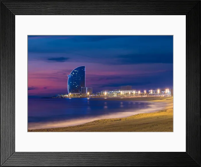 Framed Print : Barcelona Beach in summer night along seaside in Barcelona, Spain. Mediterranean Sea in Spain Framed Print : Barcelona Beach in summer night along seaside in Barcelona, Spain. Mediterranean Sea in Spain