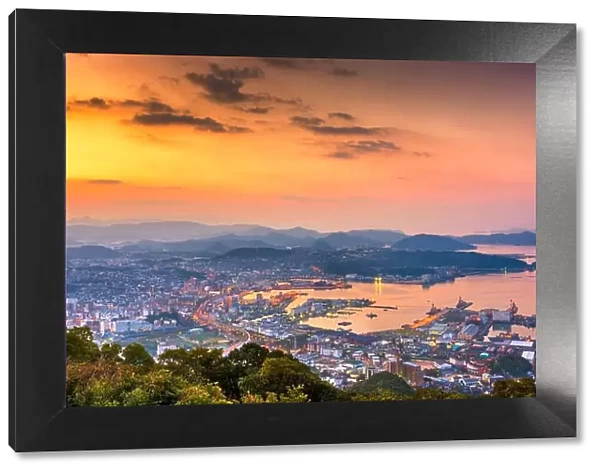 Sasebo, Nagasaki, Japan downtown city skyline on the bay at dawn