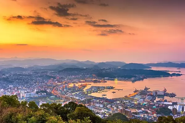 Sasebo, Nagasaki, Japan downtown city skyline on the bay at dawn