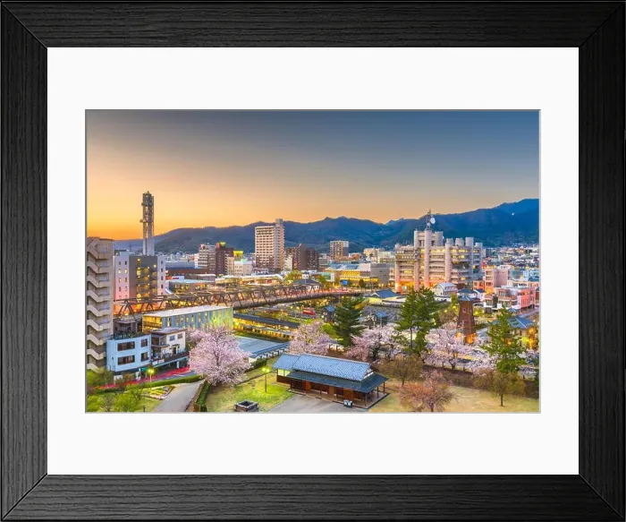 Framed Print : Kofu, Yamanashi, Japan downtown cityscape at dusk with spring foliage Framed Print : Kofu, Yamanashi, Japan downtown cityscape at dusk with spring foliage