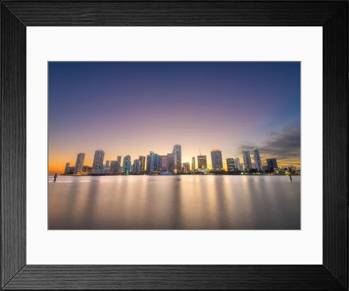 Framed Print : Miami, Florida, USA downtown skyline from across the Biscayne Bay at twilight