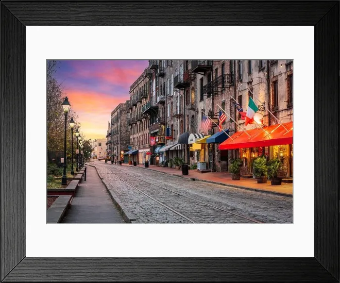 Framed Print : Savannah, Georgia, USA bars and restaurants on River Street at dawn Framed Print : Savannah, Georgia, USA bars and restaurants on River Street at dawn