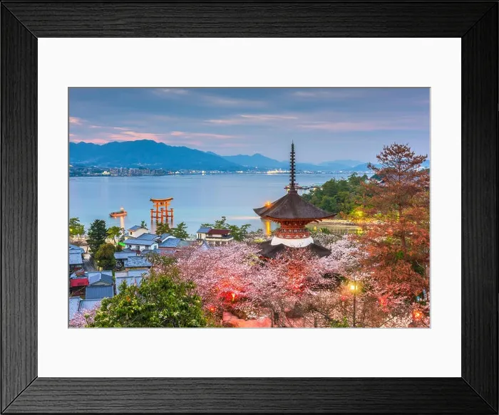 Framed Print : Miyajima Island, Hiroshima, Japan with temples on the Seto Inland Sea at dusk in the spring season Framed Print : Miyajima Island, Hiroshima, Japan with temples on the Seto Inland Sea at dusk in the spring season