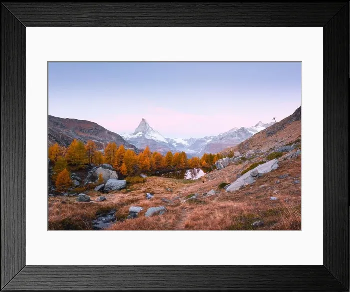 Framed Print : Incredible colorful sunrise on Grindjisee lake with Matterhorn Cervino peak in Swiss Alps. Zermatt resort location, Switzerland. Landscape photography Framed Print : Incredible colorful sunrise on Grindjisee lake with Matterhorn Cervino peak in Swiss Alps. Zermatt resort location, Switzerland. Landscape photography