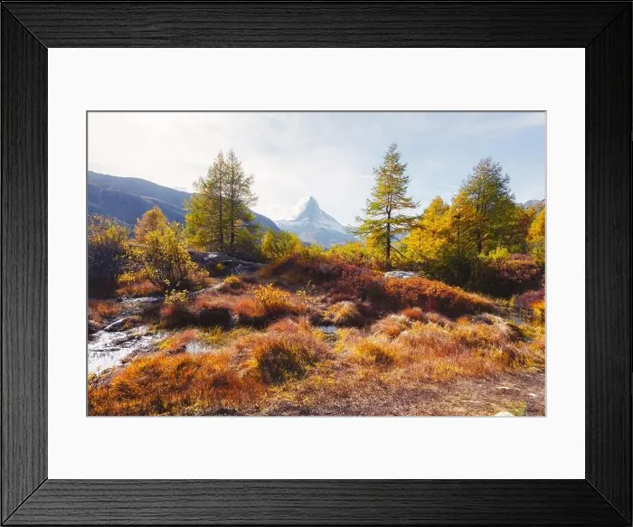 Framed Print : Incredible colorful sunrise on Grindjisee lake with Matterhorn Cervino peak in Swiss Alps. Zermatt resort location, Switzerland. Landscape photography Framed Print : Incredible colorful sunrise on Grindjisee lake with Matterhorn Cervino peak in Swiss Alps. Zermatt resort location, Switzerland. Landscape photography