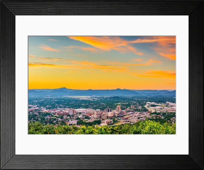 Framed Print : Roanoke, Virginia, USA downtown skyline from above at dusk Framed Print : Roanoke, Virginia, USA downtown skyline from above at dusk