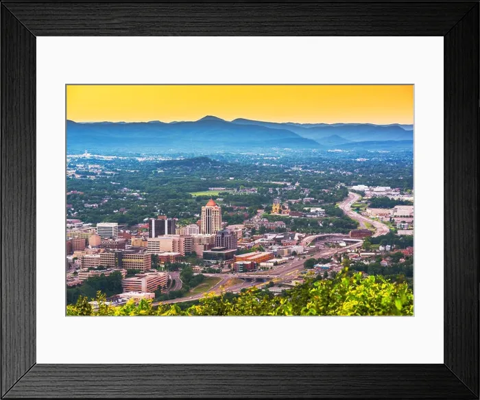 Framed Print : Roanoke, Virginia, USA downtown skyline from above at dusk Framed Print : Roanoke, Virginia, USA downtown skyline from above at dusk