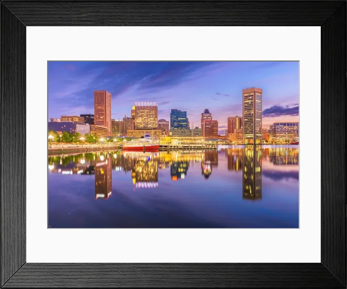 Framed Print : Baltimore, Maryland, USA Skyline on the Inner Harbor with dramatic skies at dusk Framed Print : Baltimore, Maryland, USA Skyline on the Inner Harbor with dramatic skies at dusk