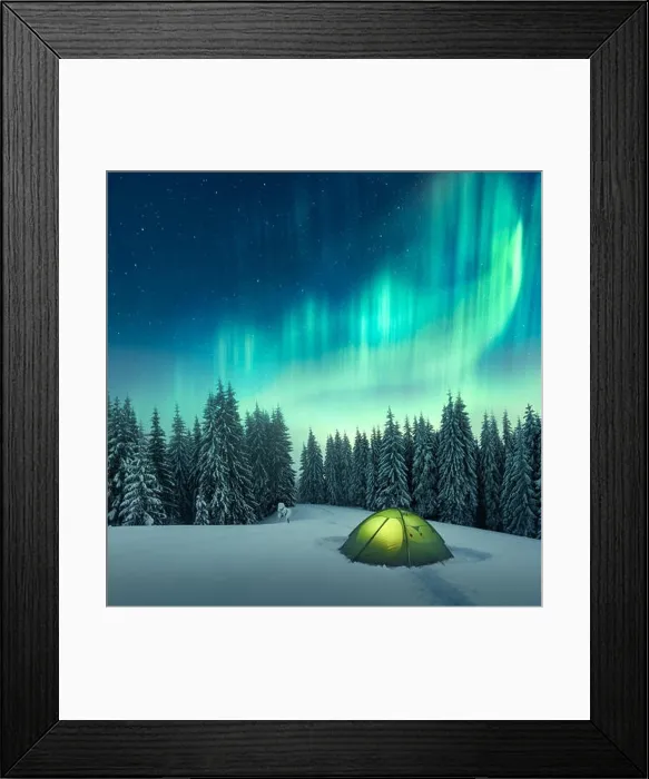 Framed Print : Aurora borealis. Northern lights in winter forest. Sky with polar lights and stars. Night winter landscape with aurora Framed Print : Aurora borealis. Northern lights in winter forest. Sky with polar lights and stars. Night winter landscape with aurora