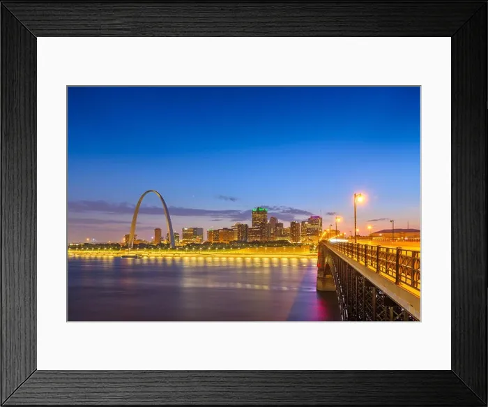 Framed Print : St. Louis, Missouri, USA downtown cityscape on the Mississippi River at twilight