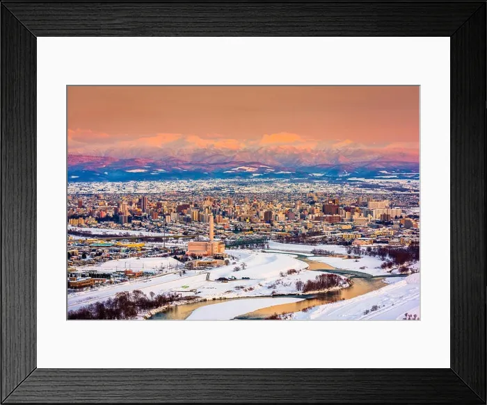 Framed Print : Asahikawa, Japan winter cityscape in Hokkaido at dusk Framed Print : Asahikawa, Japan winter cityscape in Hokkaido at dusk