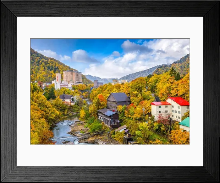 Framed Print : Jozankei, Hokkaido, Japan inns and river skyline during the autumn season Framed Print : Jozankei, Hokkaido, Japan inns and river skyline during the autumn season